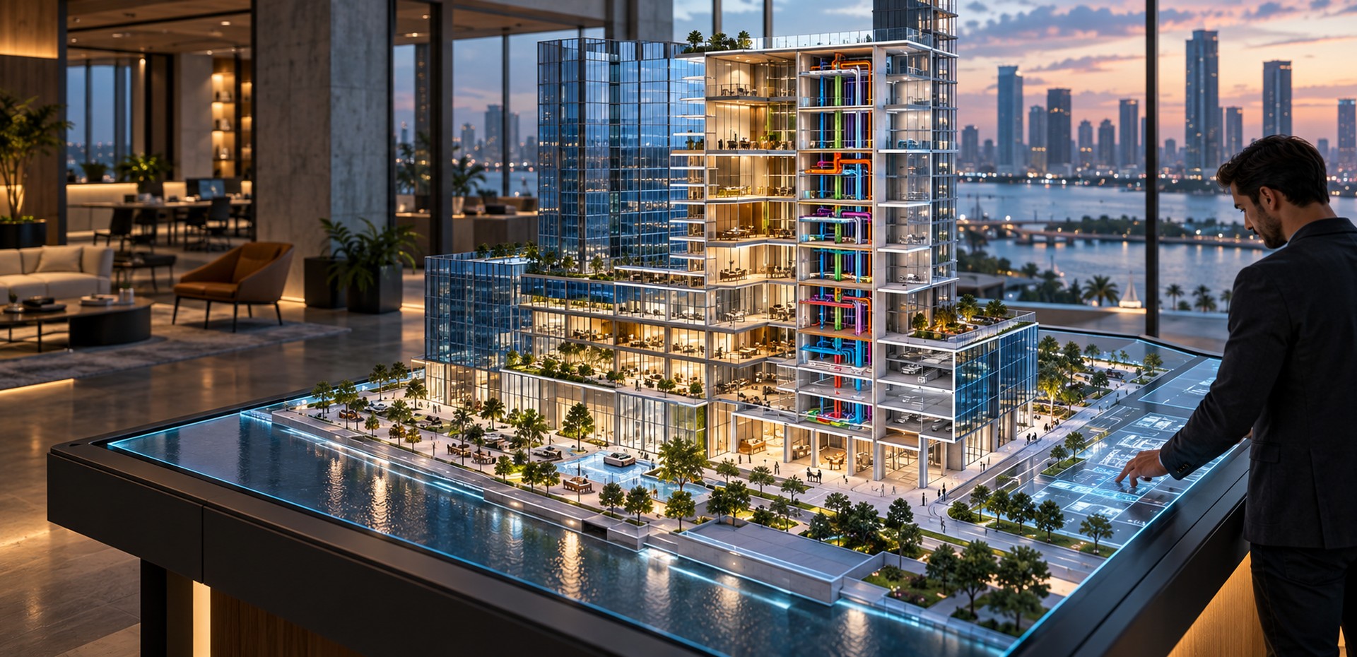 Architectural BIM model with coordinated structure and building services
