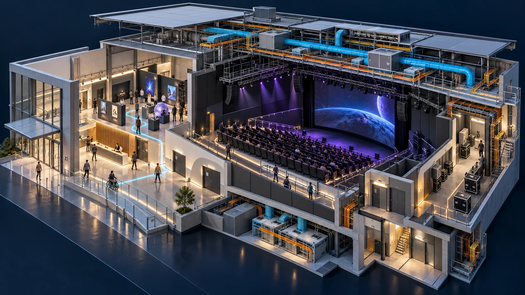 Illustrative entertainment venue BIM cutaway showing an auditorium, exhibition area, lobby, overhead rigging, ventilation and AV routes.