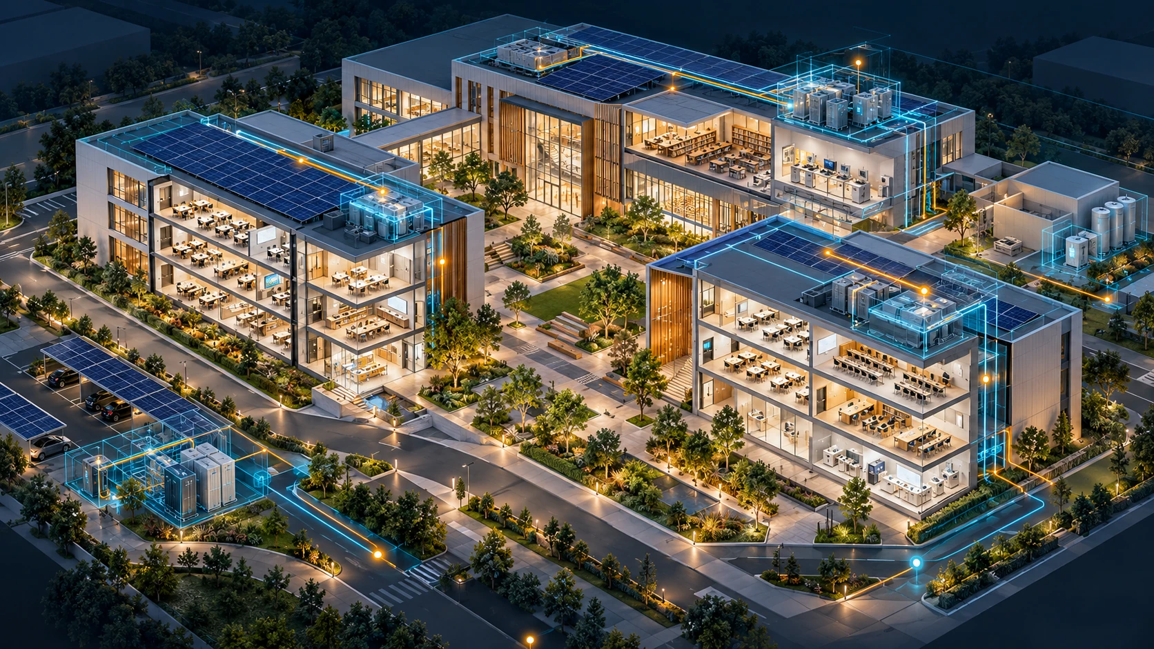 Illustrative education campus cutaway showing classrooms, a library, rooftop solar panels and digital outlines connecting campus assets.
