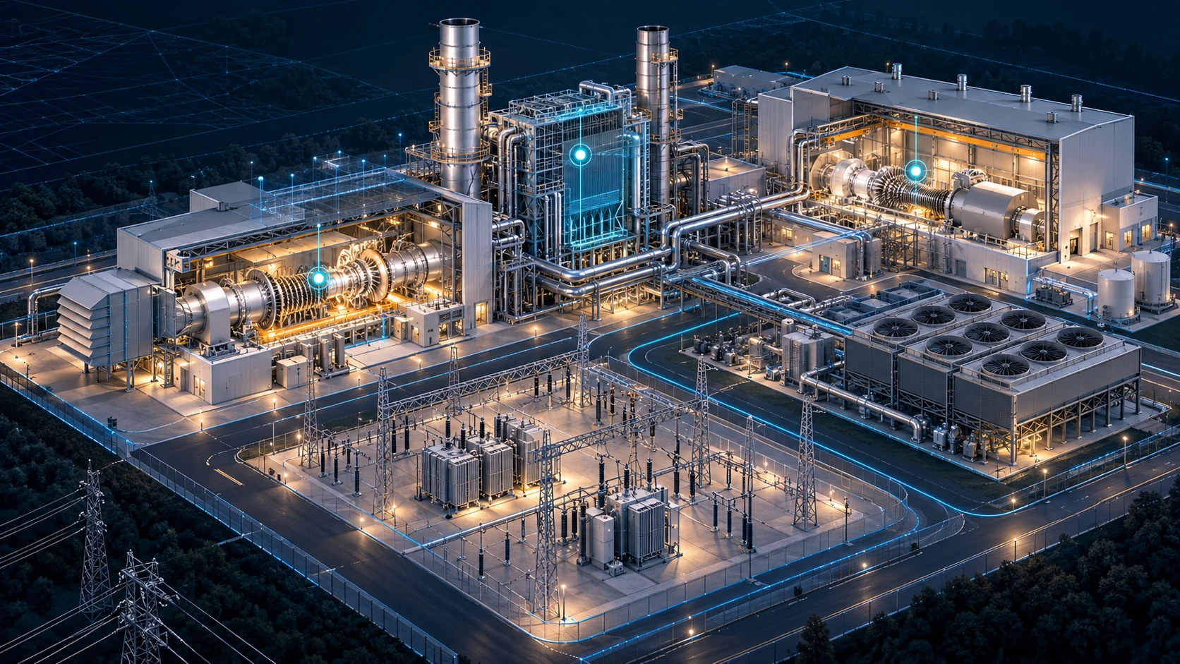 Illustrative combined-cycle electricity plant with turbine buildings, cooling equipment, transformers and a connected digital representation.