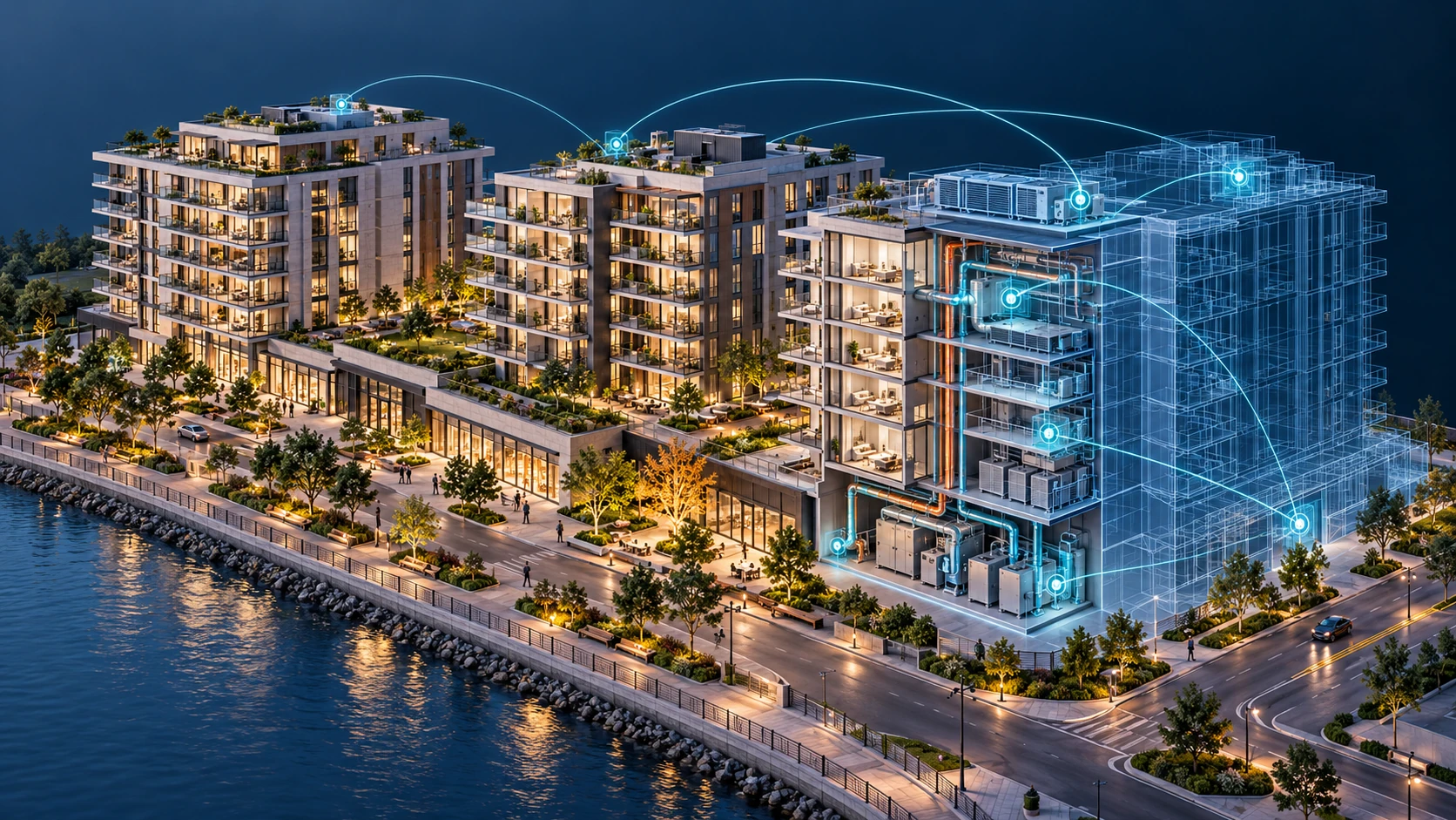 Illustrative waterfront development combining realistic buildings, digital outlines, sensor nodes and a building cutaway.